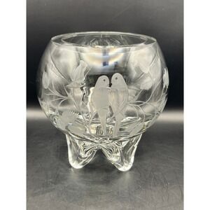 Etched Crystal Footed Bowl Vase Birds Floral Planter Decor 6.5" x 6.5" As Is‎